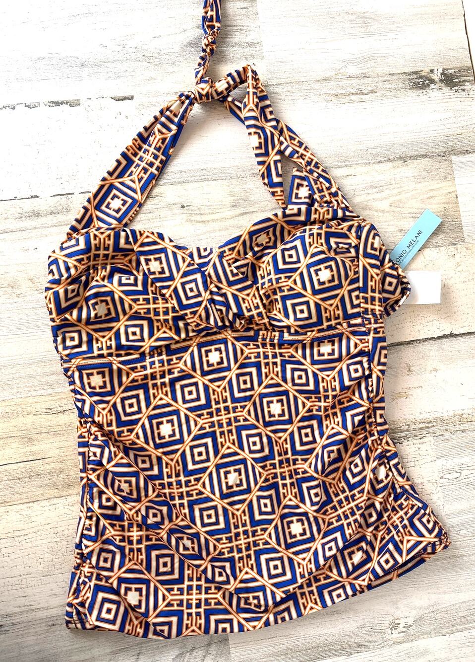 Antonio Melani Womens S M Blue Gold Retro Tankini Top NWT Swim